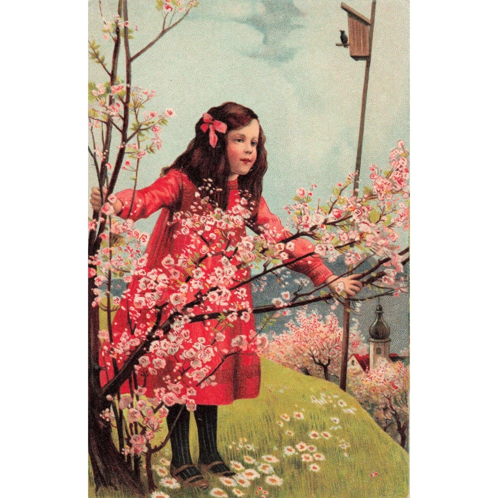 Vintage Postcard Girl Red Dress Cherry Blossoms Birdhouse Nr 2247 c1910